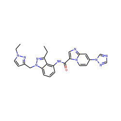 CCc1nn(Cc2ccn(CC)n2)c2cccc(NC(=O)c3cnc4cc(-n5cncn5)ccn34)c12 ZINC000117882050