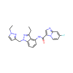 CCc1nn(Cc2ccn(CC)n2)c2cccc(NC(=O)c3cnc4cc(F)ccn34)c12 ZINC000117879549