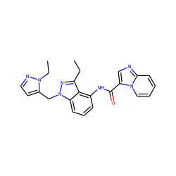 CCc1nn(Cc2ccnn2CC)c2cccc(NC(=O)c3cnc4ccccn34)c12 ZINC000117889485