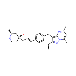 CCc1nn2c(C)cc(C)nc2c1Cc1ccc(/C=C/C[C@]2(O)CCN[C@@H](C)C2)cc1 ZINC000144129368