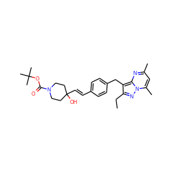 CCc1nn2c(C)cc(C)nc2c1Cc1ccc(/C=C/C2(O)CCN(C(=O)OC(C)(C)C)CC2)cc1 ZINC000144166148