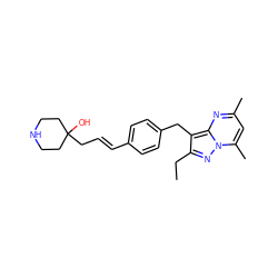 CCc1nn2c(C)cc(C)nc2c1Cc1ccc(/C=C/CC2(O)CCNCC2)cc1 ZINC000144184038