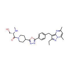 CCc1nn2c(C)cc(C)nc2c1Cc1ccc(-c2nnc(C3CCN(C(=O)[C@H](CO)NC)CC3)o2)cc1 ZINC000144134862