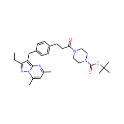 CCc1nn2c(C)cc(C)nc2c1Cc1ccc(CCC(=O)N2CCN(C(=O)OC(C)(C)C)CC2)cc1 ZINC000144142003