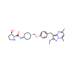 CCc1nn2c(C)cc(C)nc2c1Cc1ccc(OC[C@H]2CC[C@@H](NC(=O)[C@H]3NCC[C@H]3O)CC2)cc1 ZINC000261112175