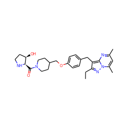 CCc1nn2c(C)cc(C)nc2c1Cc1ccc(OCC2CCN(C(=O)[C@H]3NCC[C@H]3O)CC2)cc1 ZINC000144204143