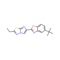 CCc1nn2cc(-c3nc4cc(C(C)(C)C)ccc4o3)nc2s1 ZINC000653764974