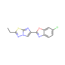 CCc1nn2cc(-c3nc4ccc(Cl)cc4o3)nc2s1 ZINC000653762235