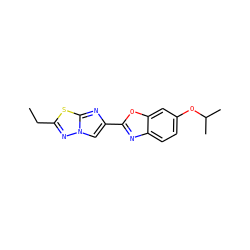 CCc1nn2cc(-c3nc4ccc(OC(C)C)cc4o3)nc2s1 ZINC000653667574