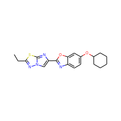 CCc1nn2cc(-c3nc4ccc(OC5CCCCC5)cc4o3)nc2s1 ZINC000653684769