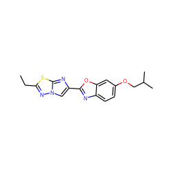 CCc1nn2cc(-c3nc4ccc(OCC(C)C)cc4o3)nc2s1 ZINC000653667564