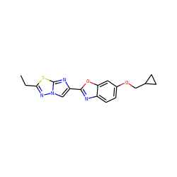 CCc1nn2cc(-c3nc4ccc(OCC5CC5)cc4o3)nc2s1 ZINC000653775778