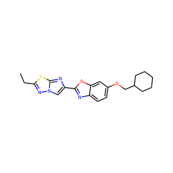 CCc1nn2cc(-c3nc4ccc(OCC5CCCCC5)cc4o3)nc2s1 ZINC000653775794