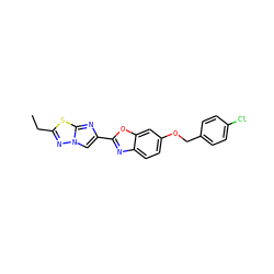 CCc1nn2cc(-c3nc4ccc(OCc5ccc(Cl)cc5)cc4o3)nc2s1 ZINC000653662919