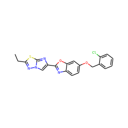 CCc1nn2cc(-c3nc4ccc(OCc5ccccc5Cl)cc4o3)nc2s1 ZINC000653684752