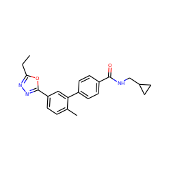 CCc1nnc(-c2ccc(C)c(-c3ccc(C(=O)NCC4CC4)cc3)c2)o1 ZINC000029130927