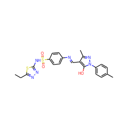 CCc1nnc(NS(=O)(=O)c2ccc(/N=C/c3c(C)nn(-c4ccc(C)cc4)c3O)cc2)s1 ZINC000017722412