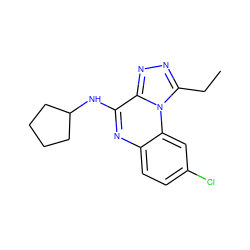 CCc1nnc2c(NC3CCCC3)nc3ccc(Cl)cc3n12 ZINC000026376630