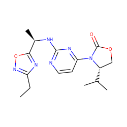 CCc1noc([C@@H](C)Nc2nccc(N3C(=O)OC[C@@H]3C(C)C)n2)n1 ZINC000221130811