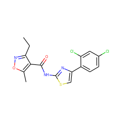 CCc1noc(C)c1C(=O)Nc1nc(-c2ccc(Cl)cc2Cl)cs1 ZINC000001054428