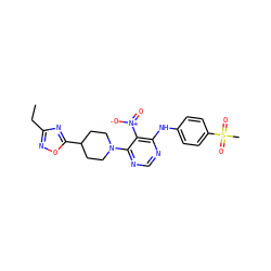 CCc1noc(C2CCN(c3ncnc(Nc4ccc(S(C)(=O)=O)cc4)c3[N+](=O)[O-])CC2)n1 ZINC000040379723