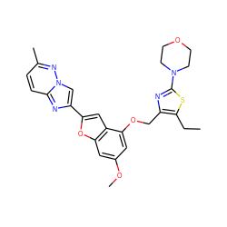 CCc1sc(N2CCOCC2)nc1COc1cc(OC)cc2oc(-c3cn4nc(C)ccc4n3)cc12 ZINC000653674044