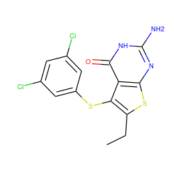 CCc1sc2nc(N)[nH]c(=O)c2c1Sc1cc(Cl)cc(Cl)c1 ZINC000043073487