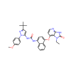 CCn1c(=O)[nH]c2nccc(Oc3ccc(NC(=O)Nc4cc(C(C)(C)C)nn4-c4ccc(OC)cc4)c4ccccc34)c21 ZINC000199087277