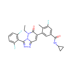 CCn1c(=O)c(-c2cc(C(=O)NC3CC3)cc(F)c2C)cc2nnc(-c3c(F)cccc3F)n21 ZINC000082157009