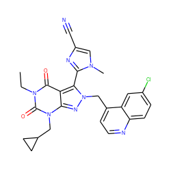 CCn1c(=O)c2c(-c3nc(C#N)cn3C)n(Cc3ccnc4ccc(Cl)cc34)nc2n(CC2CC2)c1=O ZINC000084741910