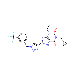 CCn1c(=O)n(CC2CC2)c(=O)c2[nH]c(-c3cnn(Cc4cccc(C(F)(F)F)c4)c3)nc21 ZINC000029055480