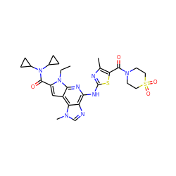 CCn1c(C(=O)N(C2CC2)C2CC2)cc2c3c(ncn3C)c(Nc3nc(C)c(C(=O)N4CCS(=O)(=O)CC4)s3)nc21 ZINC000220550924