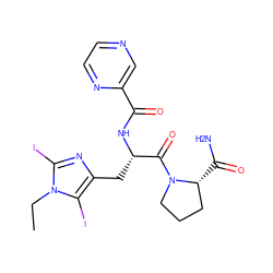 CCn1c(I)nc(C[C@H](NC(=O)c2cnccn2)C(=O)N2CCC[C@H]2C(N)=O)c1I ZINC000473086922