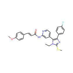 CCn1c(SC)nc(-c2ccc(F)cc2)c1-c1ccnc(NC(=O)/C=C/c2ccc(OC)cc2)c1 ZINC000064526432