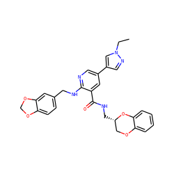 CCn1cc(-c2cnc(NCc3ccc4c(c3)OCO4)c(C(=O)NC[C@H]3COc4ccccc4O3)c2)cn1 ZINC000473135881