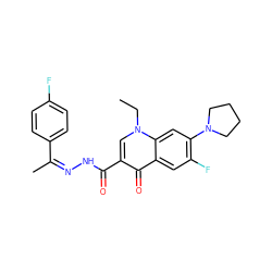 CCn1cc(C(=O)N/N=C(/C)c2ccc(F)cc2)c(=O)c2cc(F)c(N3CCCC3)cc21 ZINC000008672325