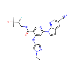 CCn1cc(Nc2cc(-n3ccc4cc(C#N)cnc43)ncc2C(=O)NC[C@@H](F)C(C)(C)O)cn1 ZINC001772637937