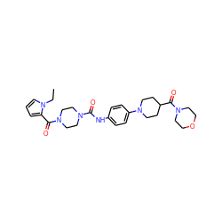 CCn1cccc1C(=O)N1CCN(C(=O)Nc2ccc(N3CCC(C(=O)N4CCOCC4)CC3)cc2)CC1 ZINC000138537356