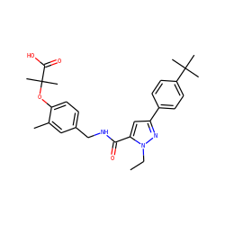 CCn1nc(-c2ccc(C(C)(C)C)cc2)cc1C(=O)NCc1ccc(OC(C)(C)C(=O)O)c(C)c1 ZINC000040379961