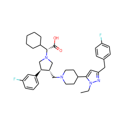 CCn1nc(Cc2ccc(F)cc2)cc1C1CCN(C[C@H]2CN([C@@H](C(=O)O)C3CCCCC3)C[C@@H]2c2cccc(F)c2)CC1 ZINC000096903990