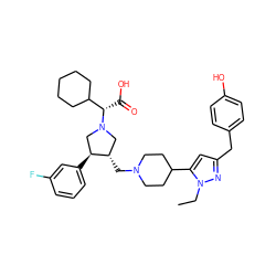 CCn1nc(Cc2ccc(O)cc2)cc1C1CCN(C[C@H]2CN([C@@H](C(=O)O)C3CCCCC3)C[C@@H]2c2cccc(F)c2)CC1 ZINC000084595519