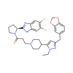 CCn1nc(Cc2ccc3c(c2)OCO3)cc1C1CCN(CCC(=O)N2CCC[C@H]2c2nc3cc(Cl)c(Cl)cc3[nH]2)CC1 ZINC000066076359