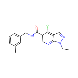 CCn1ncc2c(Cl)c(C(=O)NCc3cccc(C)c3)cnc21 ZINC000049793885