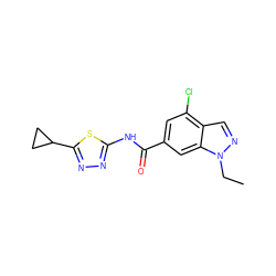 CCn1ncc2c(Cl)cc(C(=O)Nc3nnc(C4CC4)s3)cc21 ZINC000653852910