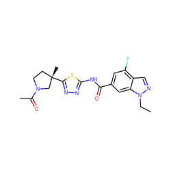 CCn1ncc2c(F)cc(C(=O)Nc3nnc([C@@]4(C)CCN(C(C)=O)C4)s3)cc21 ZINC000653850838