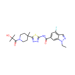 CCn1ncc2c(F)cc(C(=O)Nc3nnc(C4(C)CCN(C(=O)C(C)(C)O)CC4)s3)cc21 ZINC000653848998