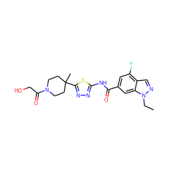 CCn1ncc2c(F)cc(C(=O)Nc3nnc(C4(C)CCN(C(=O)CO)CC4)s3)cc21 ZINC000653845378