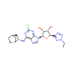 CCn1nnc([C@H]2O[C@@H](n3cnc4c(N[C@H]5C[C@@H]6CC[C@@H]5C6)nc(Cl)nc43)[C@H](O)[C@@H]2O)n1 ZINC000299865822