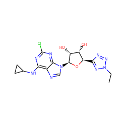 CCn1nnc([C@H]2O[C@@H](n3cnc4c(NC5CC5)nc(Cl)nc43)[C@H](O)[C@@H]2O)n1 ZINC000299859973