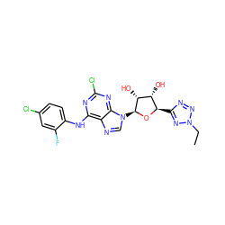 CCn1nnc([C@H]2O[C@@H](n3cnc4c(Nc5ccc(Cl)cc5F)nc(Cl)nc43)[C@H](O)[C@@H]2O)n1 ZINC000299859091